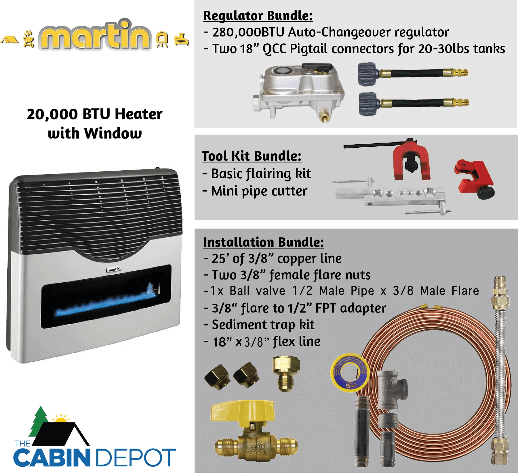Martin 20,000 BTU Direct Vent Propane Heater with Window - Cabin Depot Installation Bundle