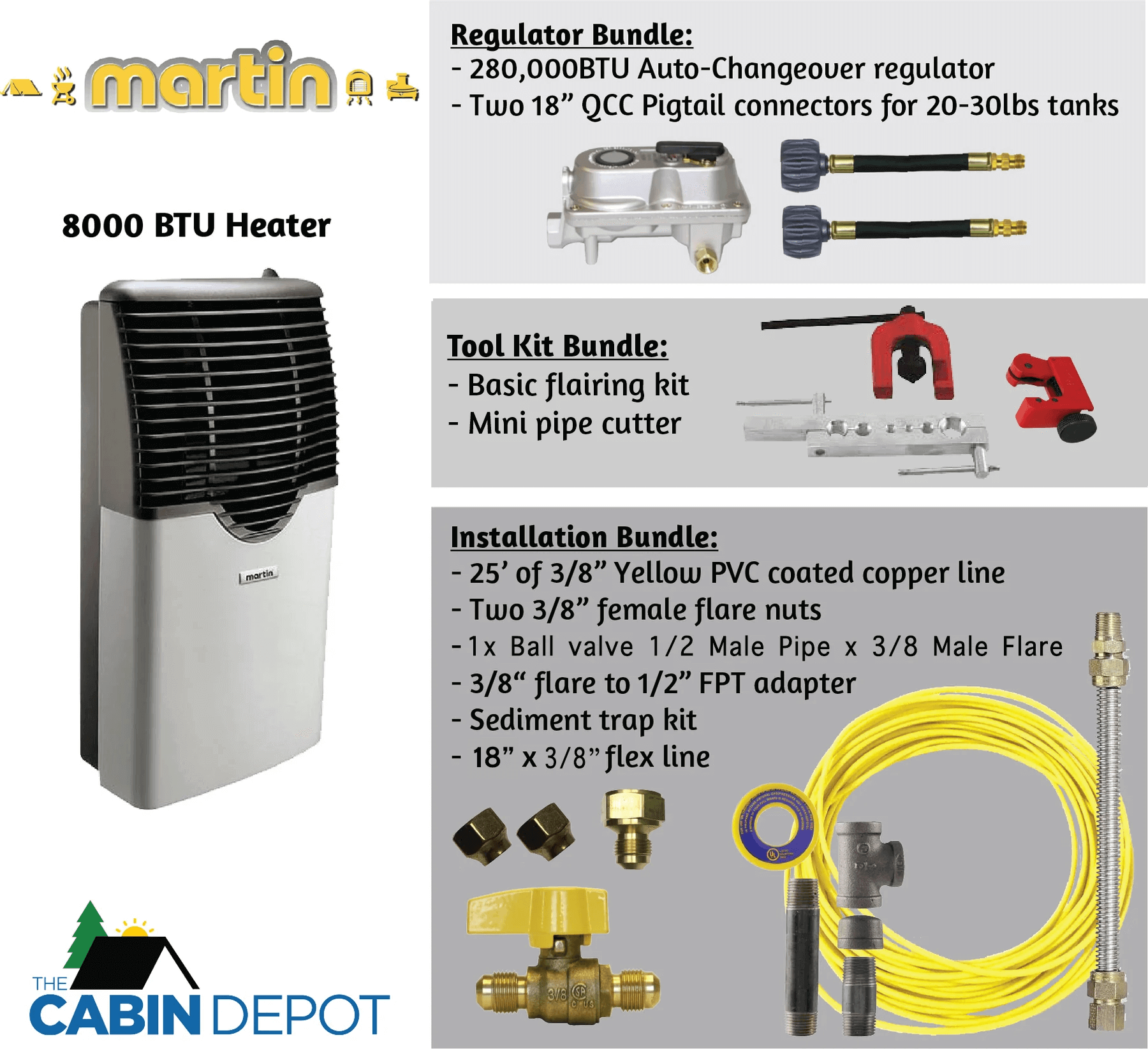 Martin 8000 BTU Propane Heater with accessories at The Cabin Depot - Perfect for off-grid use. Free shipping in Canada. CSA Certified.