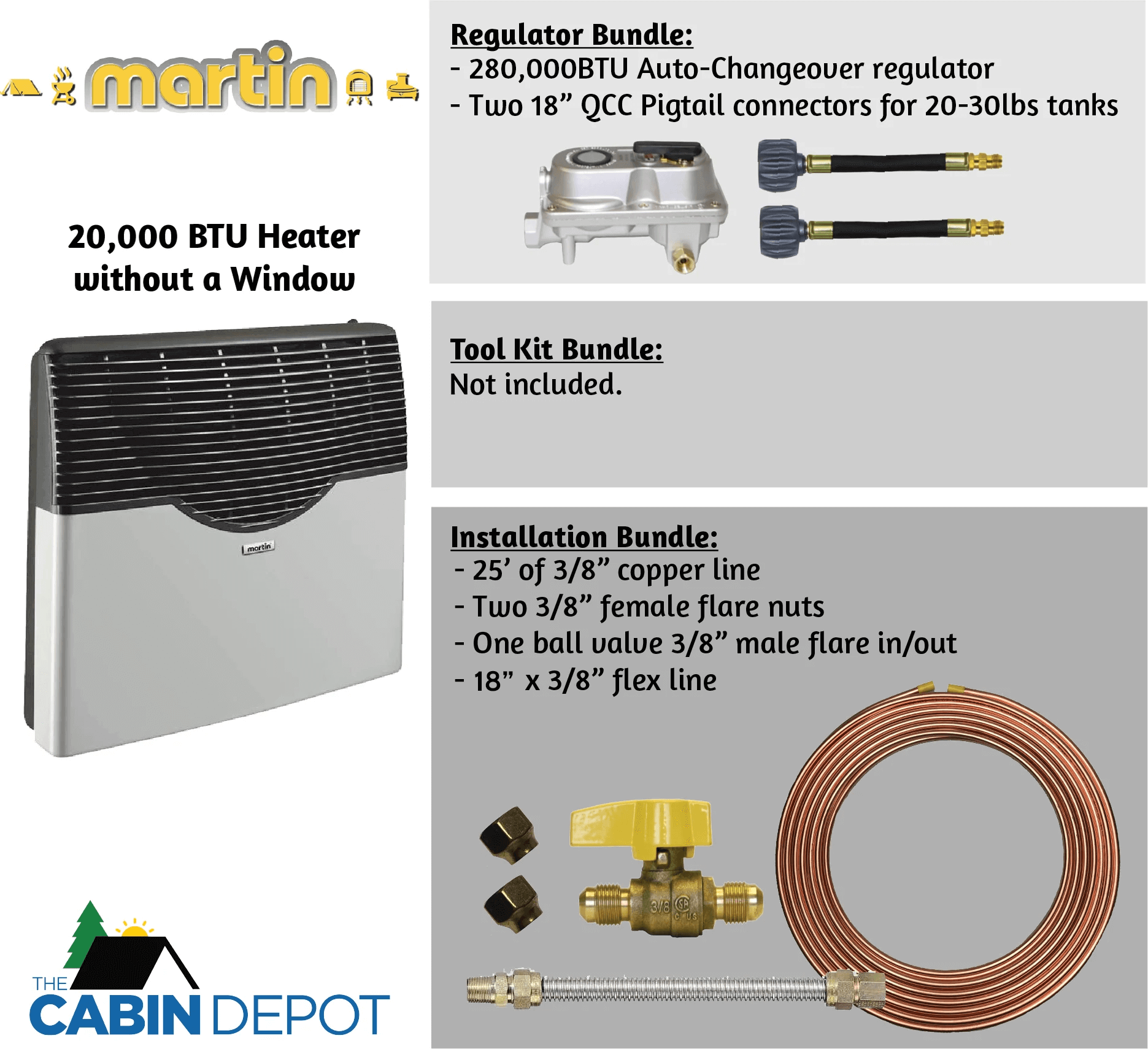 Martin 20,000 BTU Propane Heater with installation bundle by The Cabin Depot, featuring regulator and piping accessories.