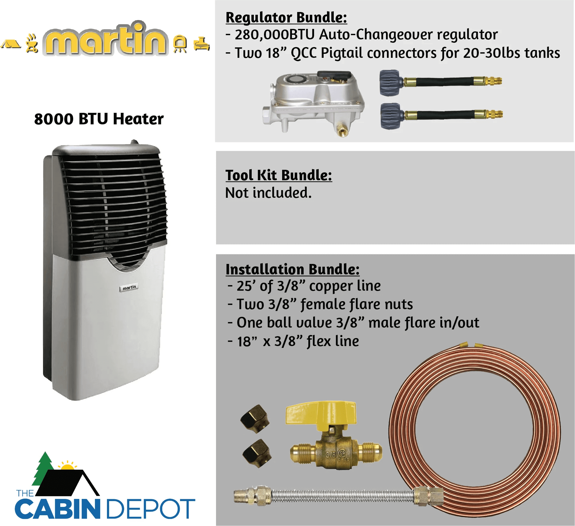 Martin 8000 BTU Direct Vent Propane Heater with installation and regulator bundles from The Cabin Depot