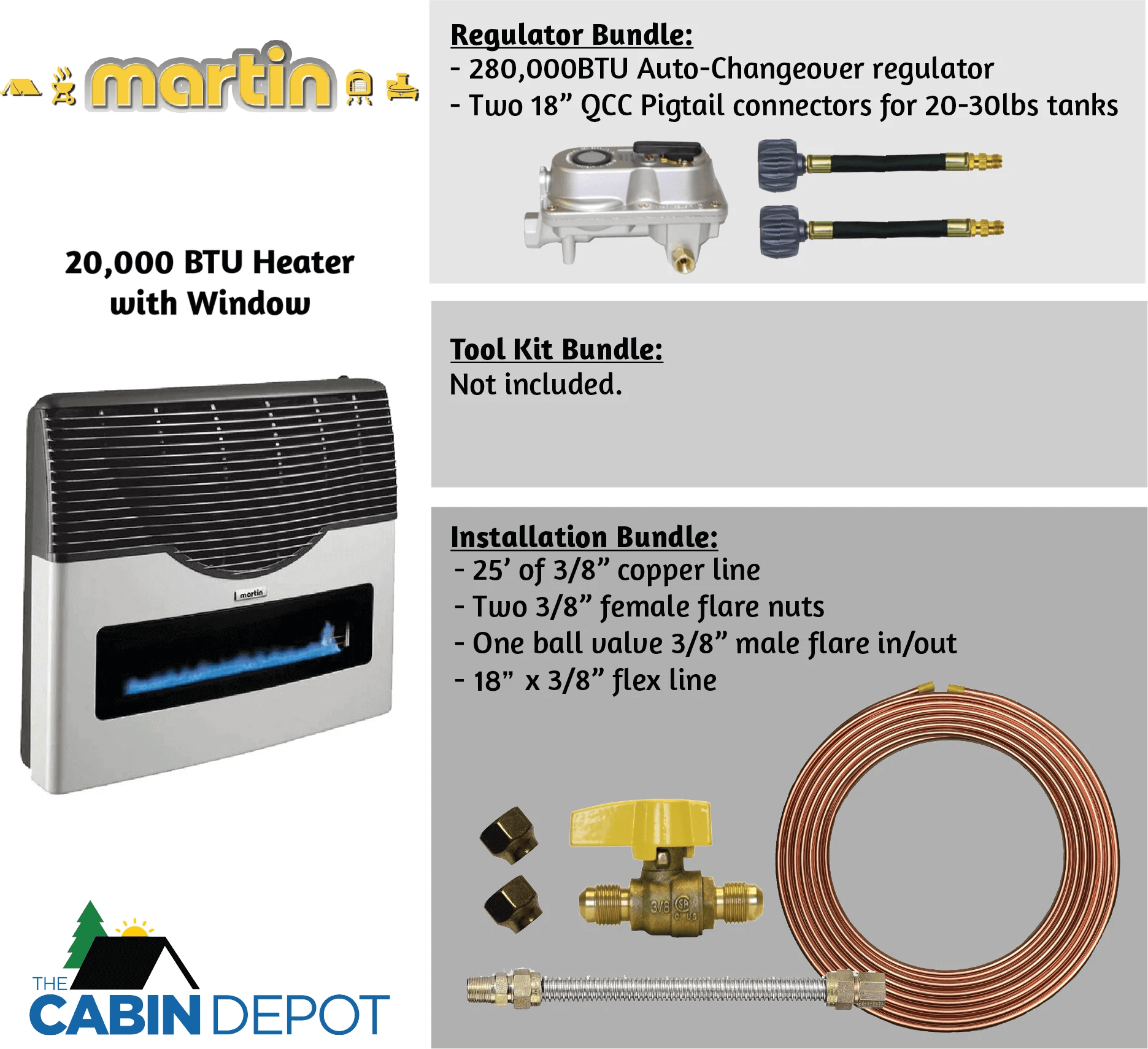 Martin 20,000 BTU Direct Vent Propane Heater with Window - Cabin Depot Installation Bundle Included
