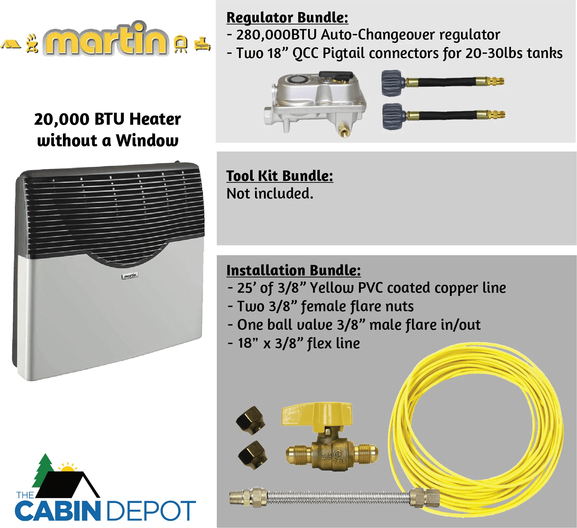 Martin 20,000 BTU Direct Vent Heater without window, Cabin Depot installation bundle with regulator and flex line, Canada shipping.