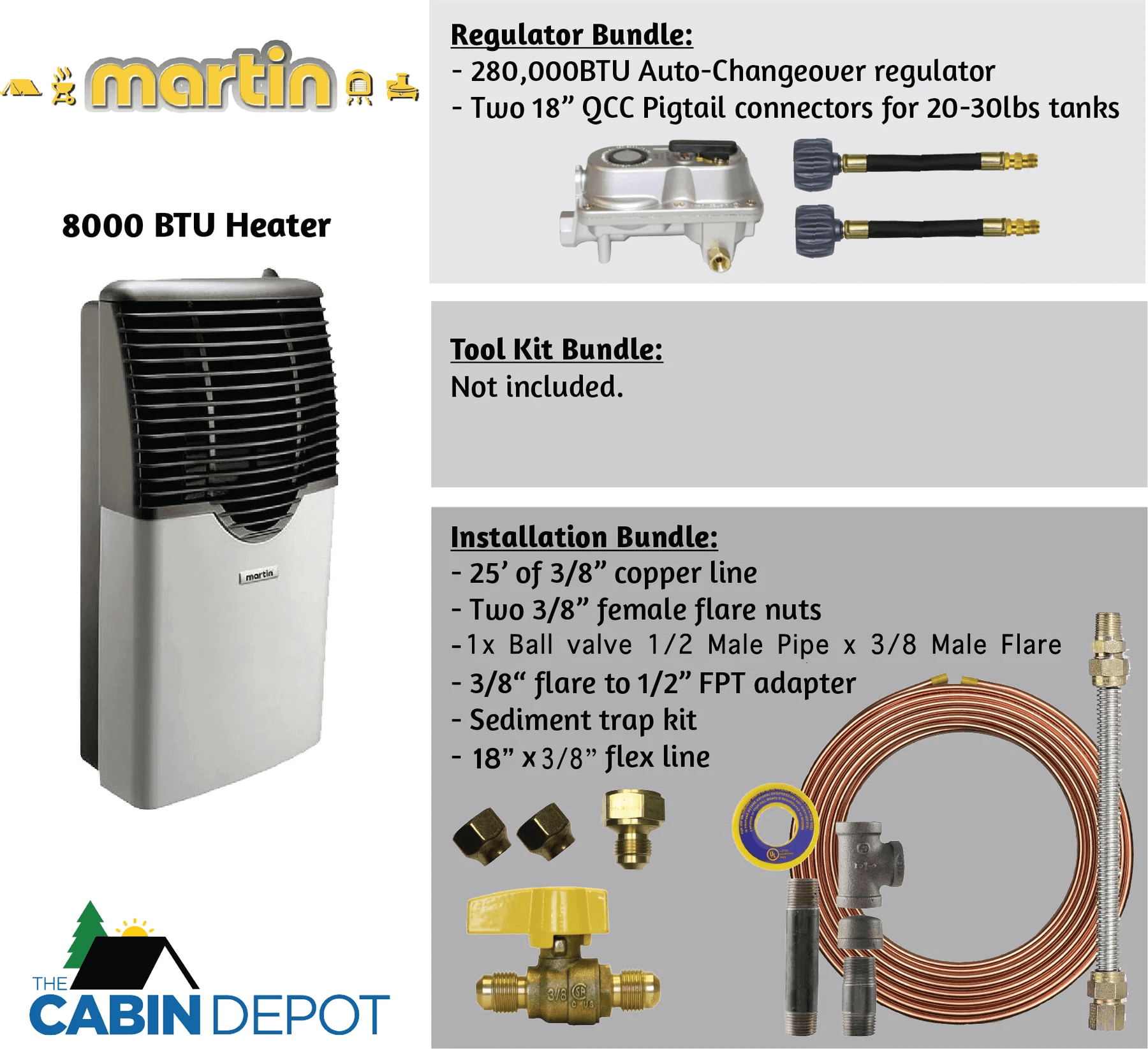 Martin 8000 BTU Direct Vent Propane Heater with accessories shown; available at The Cabin Depot for off-grid use.