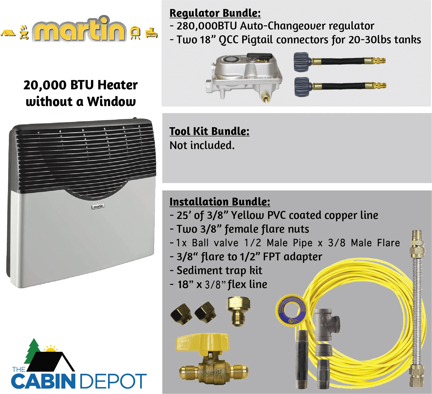 Martin 20,000 BTU Direct Vent Propane Heater from Cabin Depot with regulator and installation bundles. No electricity needed.