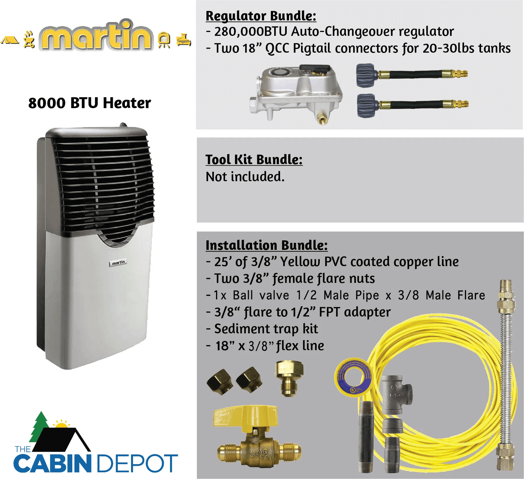 Martin 8000 BTU Direct Vent Propane Heater MDV8P with installation bundle details, offered by The Cabin Depot.