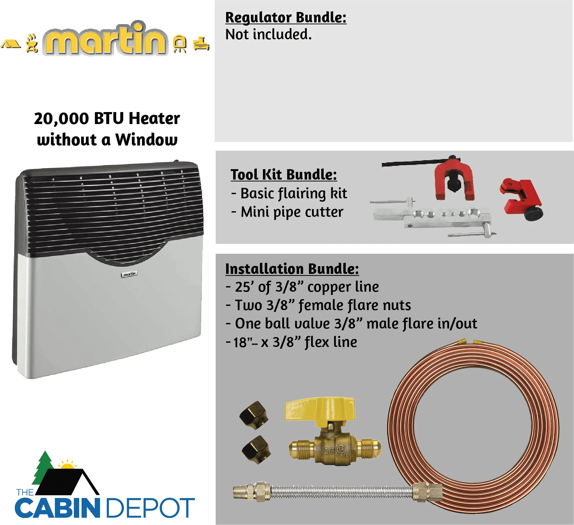 Martin 20,000 BTU Direct Vent Propane Heater without window, regulator, tool, and installation bundles by Cabin Depot