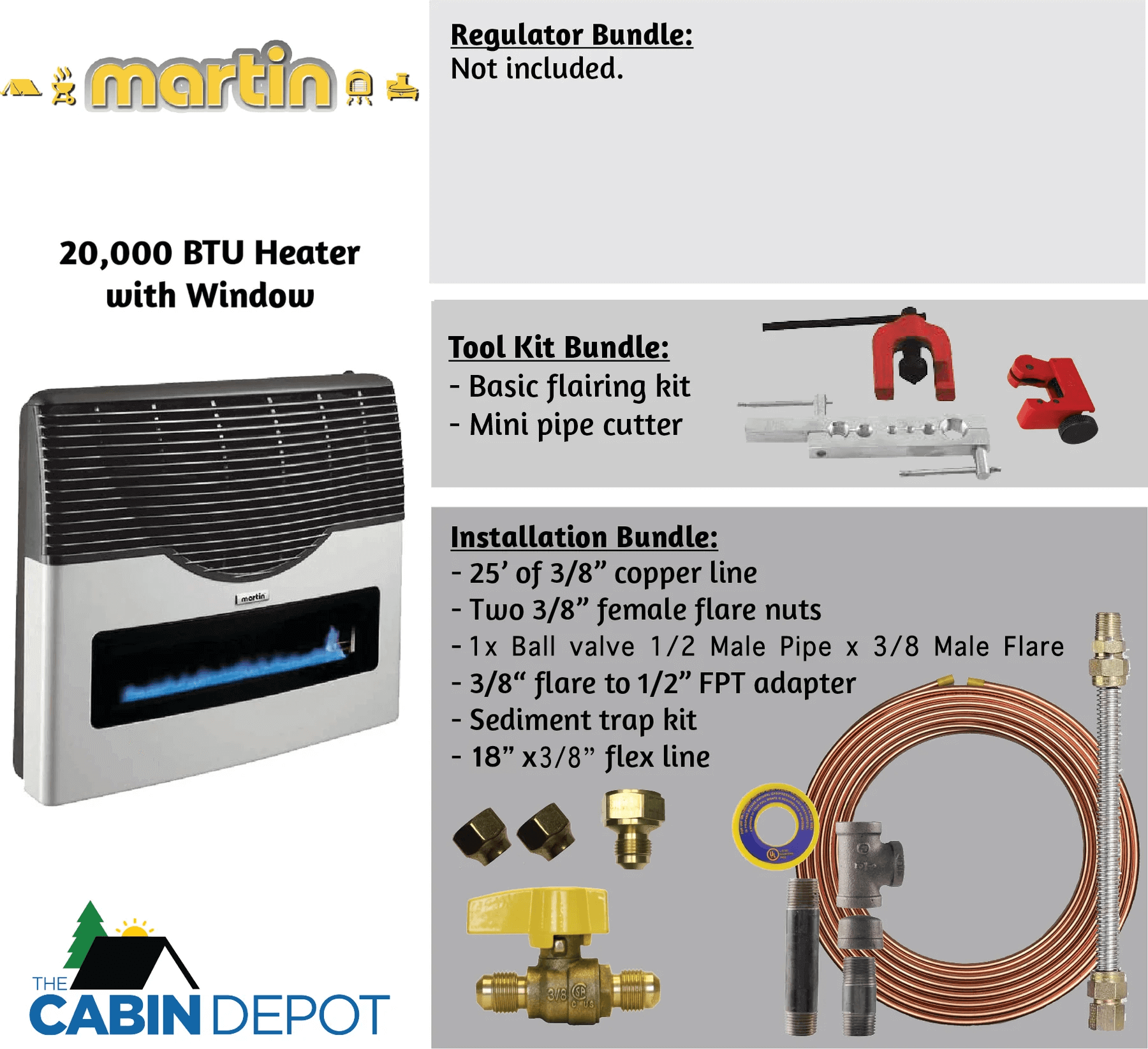 Martin 20,000 BTU Propane Heater with window, installation tool kit bundle, at The Cabin Depot for off-grid heating solutions.