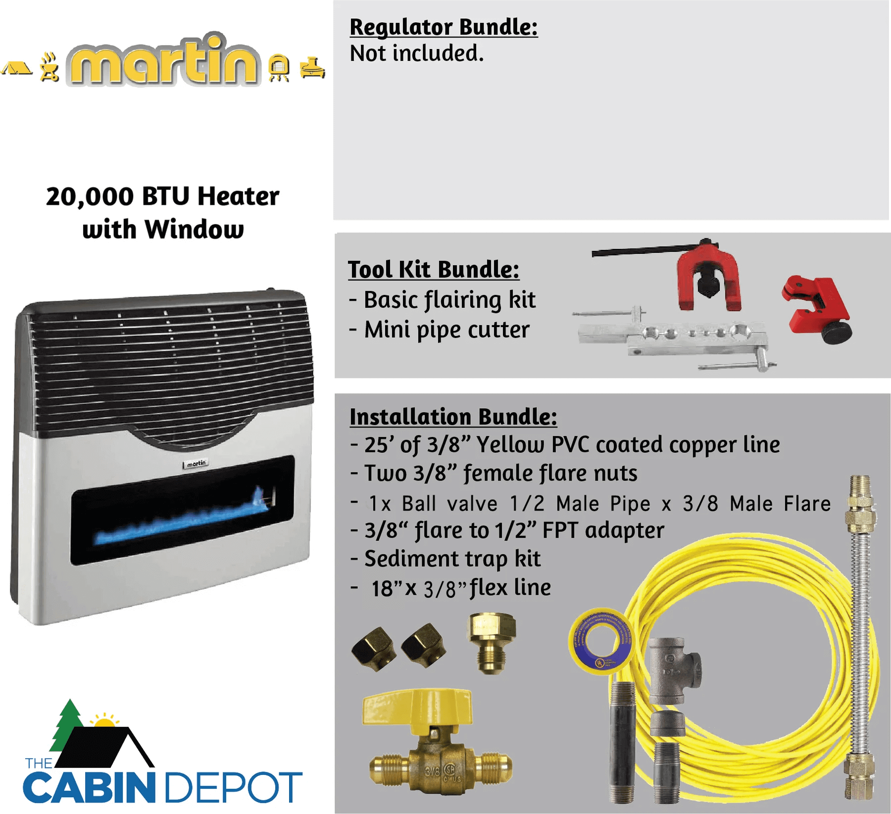 Martin 20,000 BTU Direct Vent Propane Heater with accessories from The Cabin Depot.