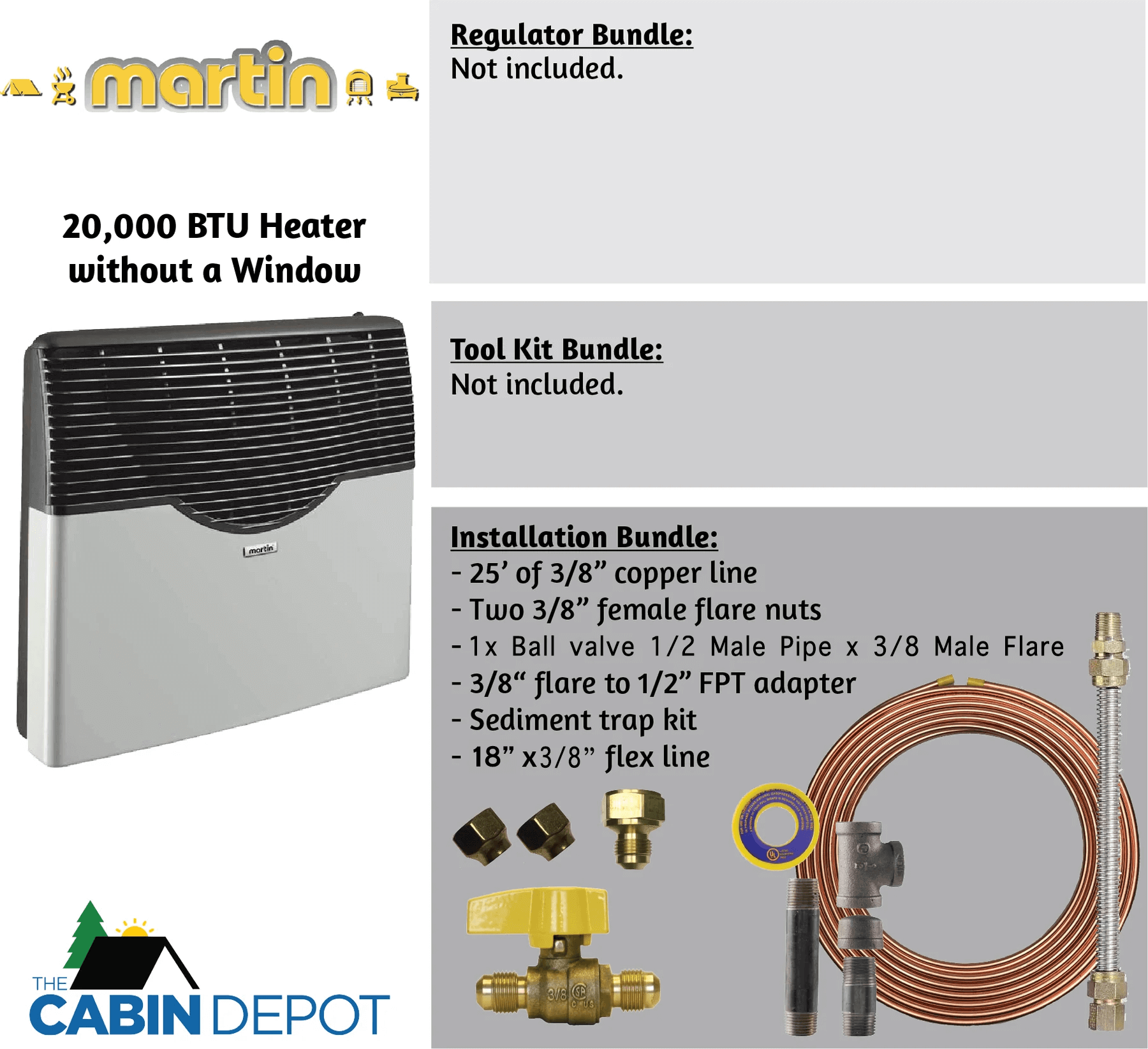 Martin 20,000 BTU Direct Vent Propane Heater with installation bundle, The Cabin Depot