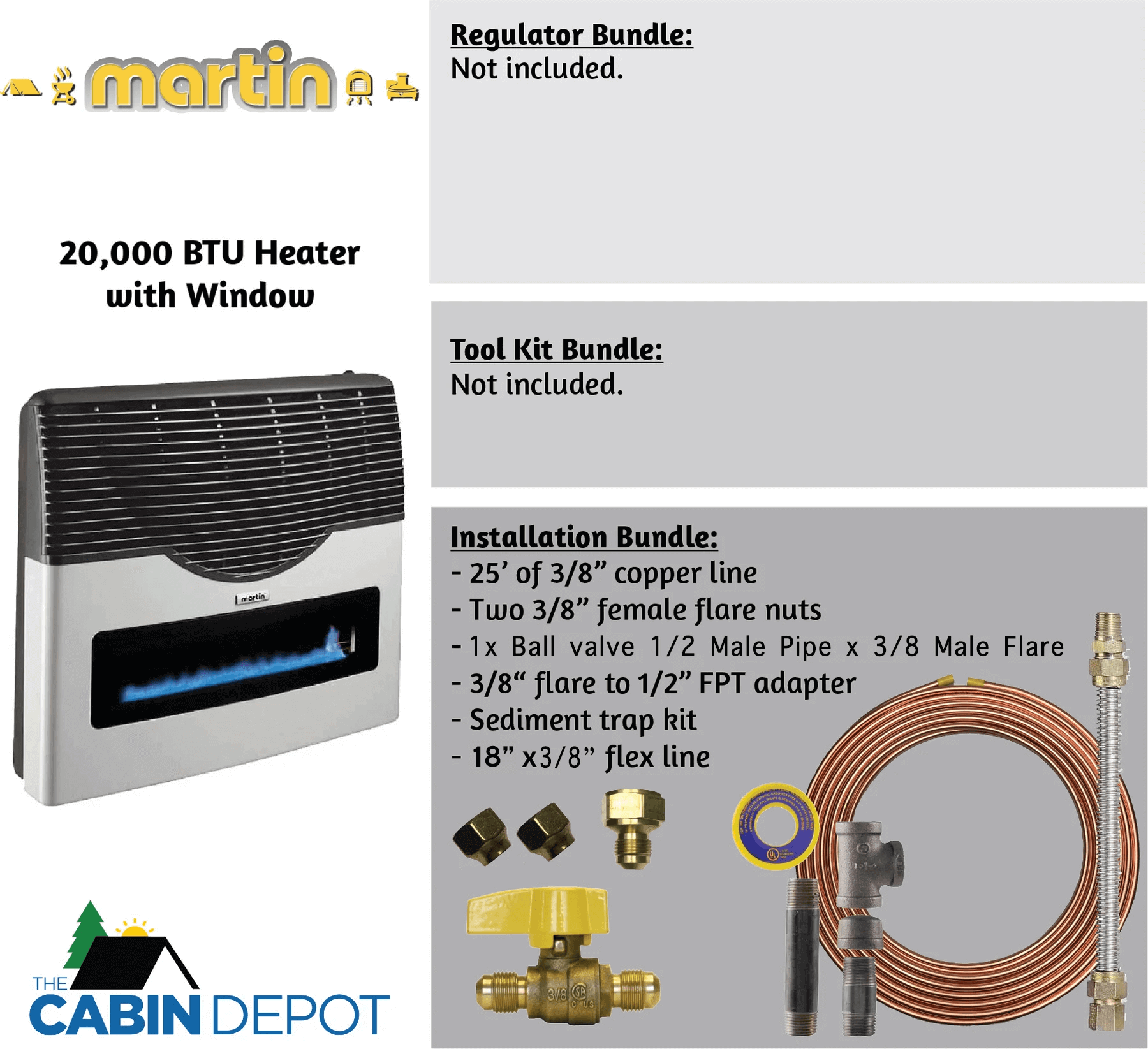 Martin 20,000 BTU Direct Vent Propane Heater with installation bundle, available at Cabin Depot. Ideal for off-grid use in Canada. CSA Certified.