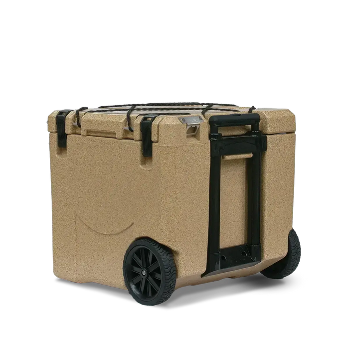 Canyon Coolers 30QT Mule Cooler in Sandstone with wheels, available at Cabin Depot. Perfect for outdoor adventures and easy transport.