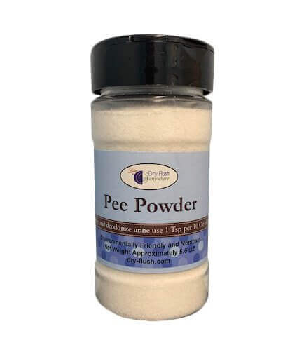 Laveo Dry Flush Pee Powder for portable toilets, environmentally friendly odor control, 5 oz bottle, ideal for camping and RVs.