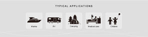 Icons showing typical applications for SEAFLO Portable Toilet including marine, RV, camping, medical care, and children's use.